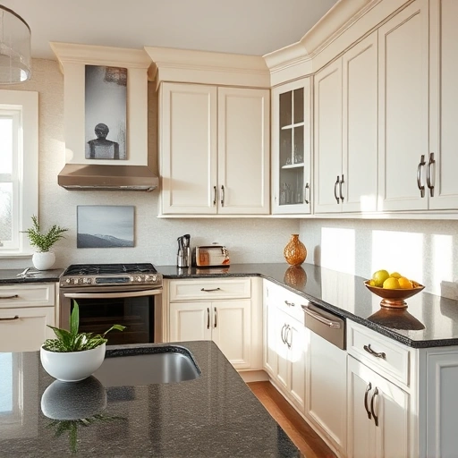 Elegant kitchen in Forney TX with creamy white cabinets, dark granite countertops, and modern stainless appliances.