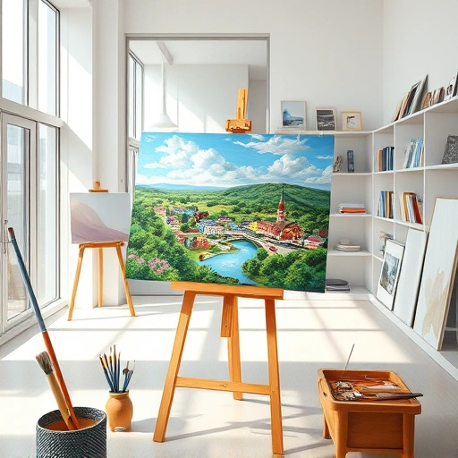 Completed painting in Farmers Branch TX, showcasing a serene landscape with vibrant colors in a modern art studio.
