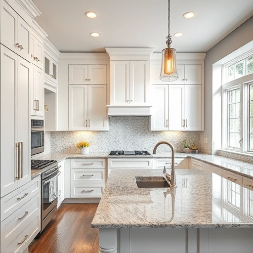 Completed cabinet painting in a renovated Garland TX kitchen featuring elegant white cabinetry, granite countertops, and mosaic tile.
