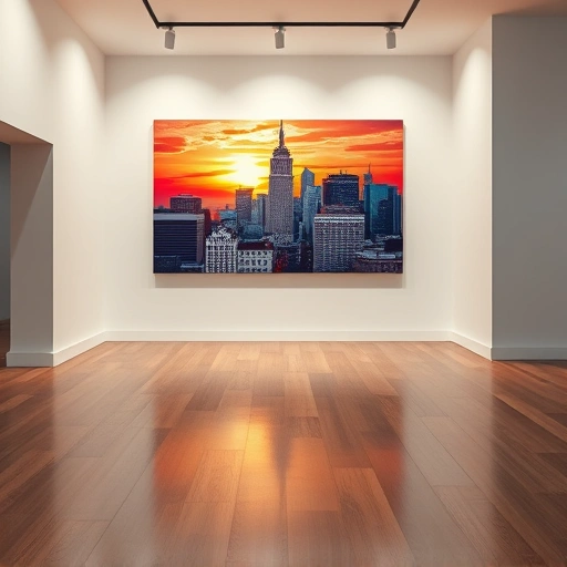 Vibrant cityscape painting of St. Paul, TX at sunset in a modern gallery with polished wooden floors.