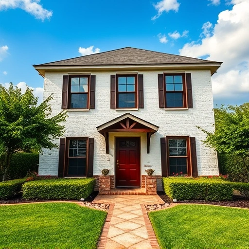 Charming two-story home in Garland TX with creamy white lime wash, dark wood windows, and lush landscaping.