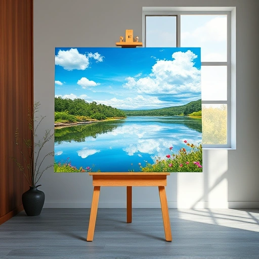 Vibrant landscape painting of a serene lake in The Colony TX with blooming wildflowers and a clear blue sky.