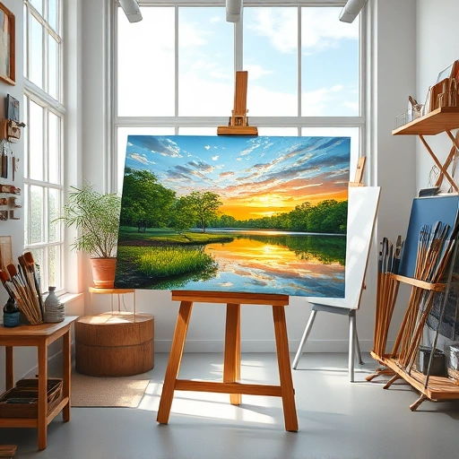 Completed landscape painting in Coppell TX featuring vibrant greens, serene lake, and warm sunset in a bright studio.