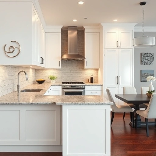 Beautifully transformed kitchen in Allen, TX with glossy white cabinets, polished granite countertops, and elegant decor.