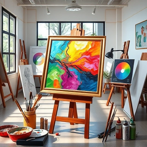 Completed painting on easel in modern art studio with vibrant colors, brushes, and palettes showcasing artistic skill.
