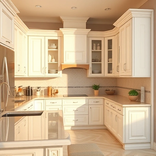 Glossy white cabinets with intricate details in a spacious kitchen featuring modern appliances and soft neutral tones.