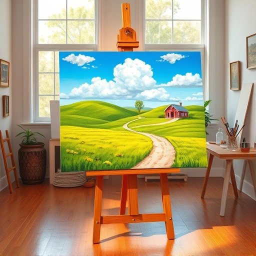 Vibrant countryside painting in Anna TX with rolling hills, farmhouse, and inviting studio atmosphere.