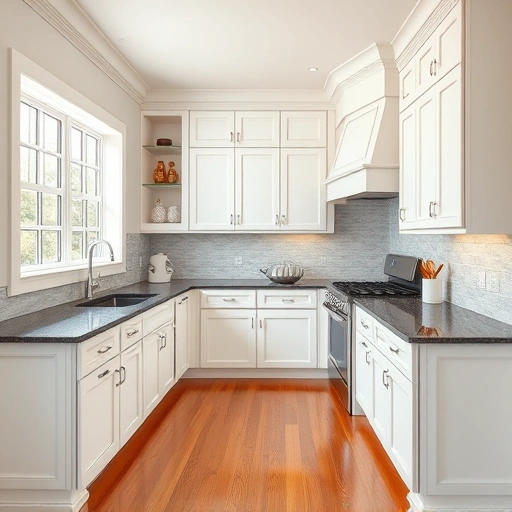 Cabinet painting in a transformed kitchen with soft white cabinets, dark granite countertops, and polished hardwood floors.