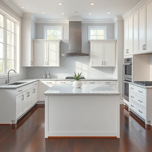 Beautifully painted white kitchen cabinets in a modern open-concept kitchen with light granite countertops and stylish decor.