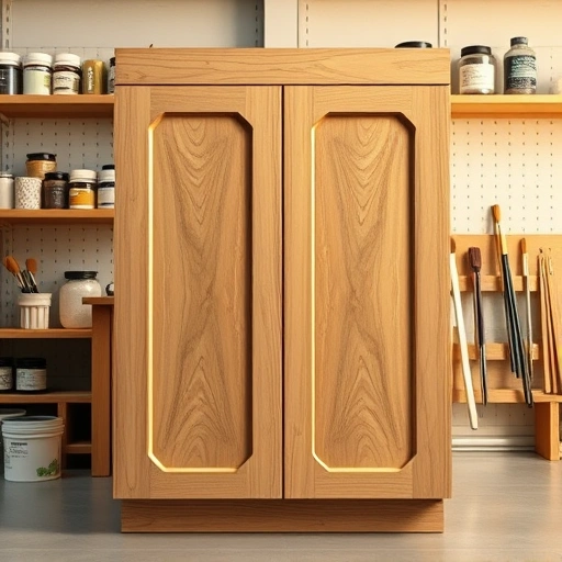 Cabinet Box Painting in Garland TX showcasing a glossy wooden cabinet in a professional workshop with painting tools.