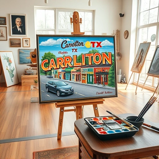 Vibrant painting of Carrollton TX in a modern art studio with polished wooden floors and natural light.