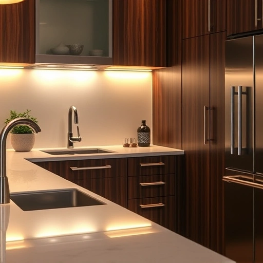 Under cabinet lighting illuminates modern cabinetry in a Garland TX kitchen with elegant finishes and warm tones.