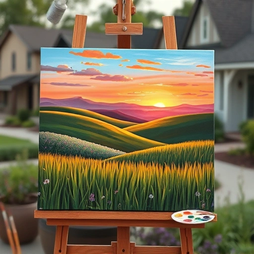 Completed landscape painting in Murphy TX with vibrant sunset, green grass, wildflowers, and artist supplies.
