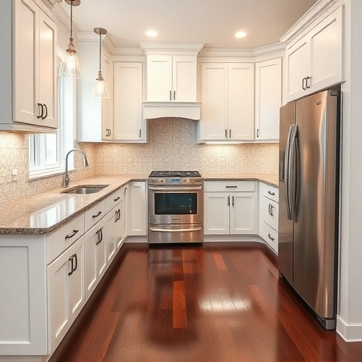 Stunning kitchen transformation in Balch Springs TX with elegant white cabinets, granite countertops, and dark hardwood flooring.