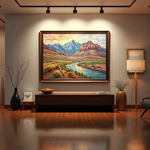 Completed painting in Wylie TX framed on a gallery wall with vibrant colors, modern decor, and warm lighting.