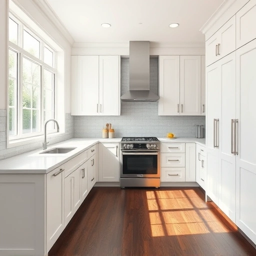 Beautifully renovated Dallas kitchen with soft matte white cabinets, brushed nickel hardware, quartz countertops, and gray tile backsplash.