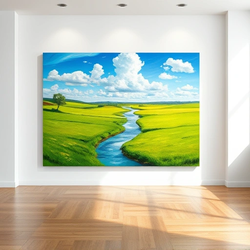Completed landscape painting in Caddo Mills TX, featuring vibrant fields, river, and modern gallery setting.