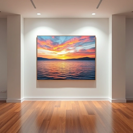 Completed painting of serene Lake Ray Hubbard at sunset in modern Rockwall TX gallery with vibrant colors.