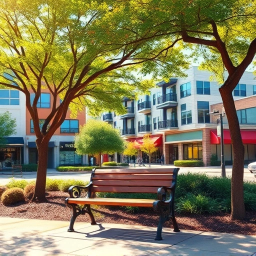 Vibrant urban landscape painting in University Park TX featuring modern architecture, greenery, and inviting park bench.