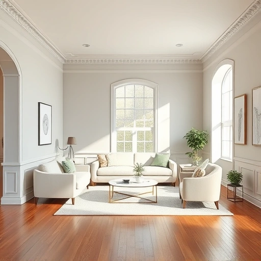 Spacious living room in Garland TX with soft gray and beige walls, elegant molding, and stylish minimal furniture.