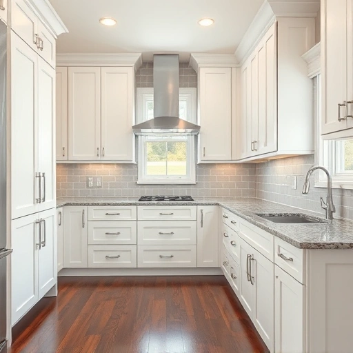 Beautiful kitchen in Sachse TX with matte white cabinets, silver hardware, granite countertops, and gray subway tile backsplash.