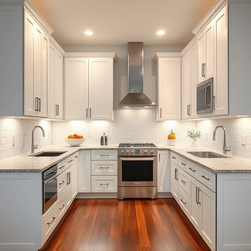 Transformed kitchen in Richardson TX with white cabinets, granite countertops, modern backsplash, and warm lighting.
