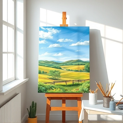 Completed painting of Texas countryside in St. Paul, TX, framed elegantly in a clean, organized studio space.
