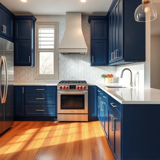 Modern kitchen in Garland TX with navy blue cabinets, white marble countertop, and stylish stainless steel appliances.