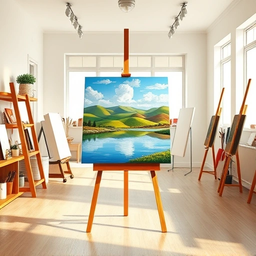 Completed landscape painting in Richardson TX on modern easel in bright art studio with natural light and art supplies.