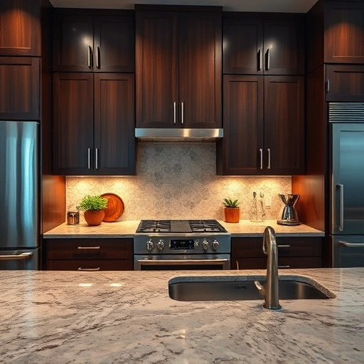 Under cabinet LED lighting in a modern Garland TX kitchen with granite countertops and elegant decor.