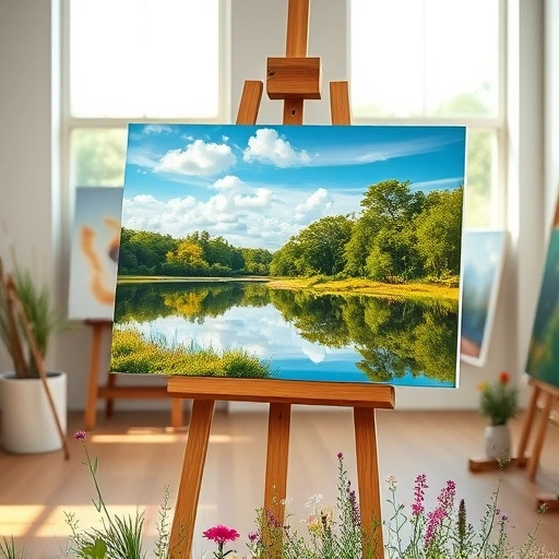 Completed landscape painting in Farmers Branch TX with trees, lake, flowers, and modern art studio backdrop.