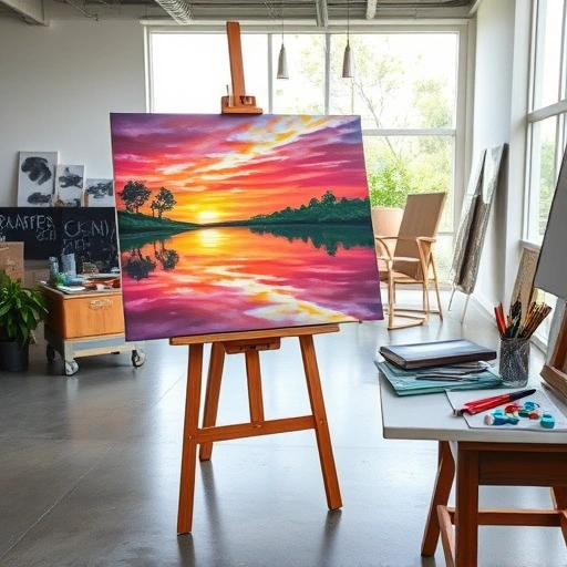 Completed painting of a serene lakeside sunset in Rowlett TX, displayed in a modern art studio with vibrant colors.