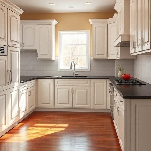 Refurbished kitchen in Rockwall, TX with matte white cabinets, dark granite countertops, and warm beige walls.