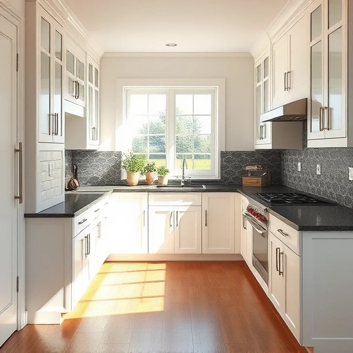 Modern kitchen in Seagoville TX with creamy white cabinets, dark granite countertops, and geometric tile backsplash.