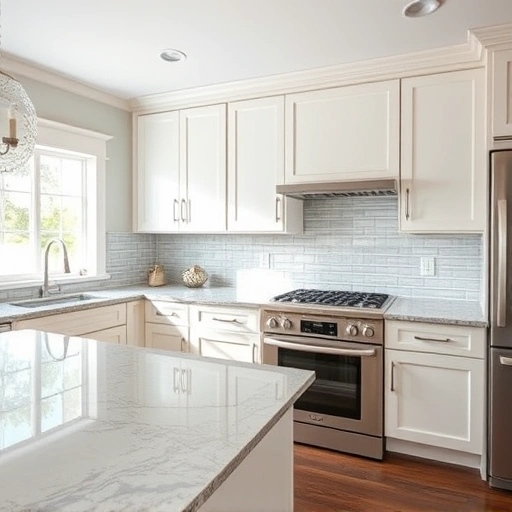 Stunning kitchen in Celina TX featuring glossy white cabinets, granite countertops, and soft gray subway tile backsplash.