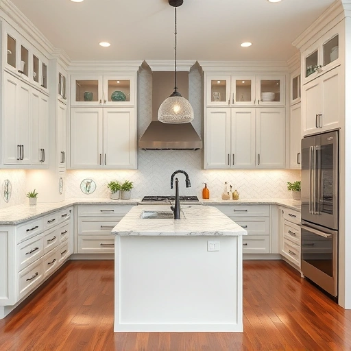 Stunning kitchen in Prosper TX with freshly painted cabinets, marble countertops, and hand-painted tile backsplash.