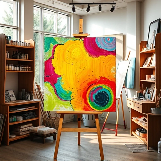 Completed vibrant painting on easel in well-lit art studio with organized art supplies and framed artworks.