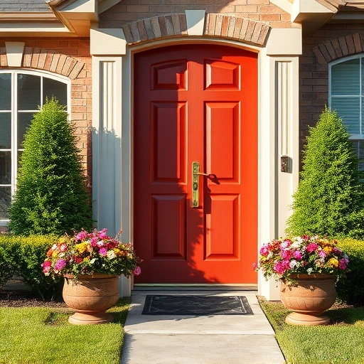 Completed exterior painting in Rockwall TX with vibrant colors, inviting door, and landscaped yard.