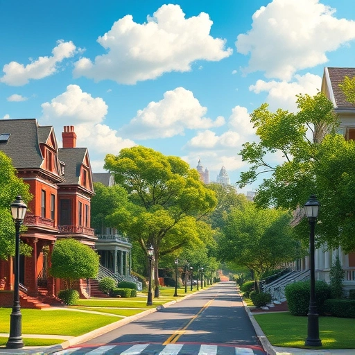 Vibrant cityscape painting of Highland Park TX with elegant homes, manicured lawns, and clear blue sky.
