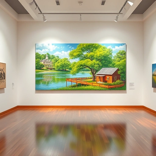 Painting in McKinney TX features vibrant landscape, serene lake, Texas architecture, displayed in modern gallery.