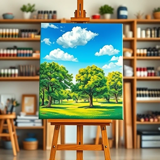 Vibrant landscape painting in Balch Springs TX on an easel in a well-lit studio with art supplies in background.