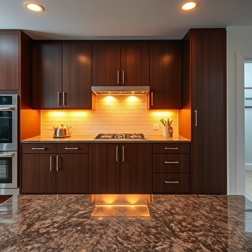 Under cabinet lighting installation in a modern kitchen with dark wood cabinets and polished granite countertop in Garland TX