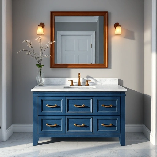 Bathroom vanity in deep blue with gold hardware and white marbled countertop in a serene gray setting in Garland TX.