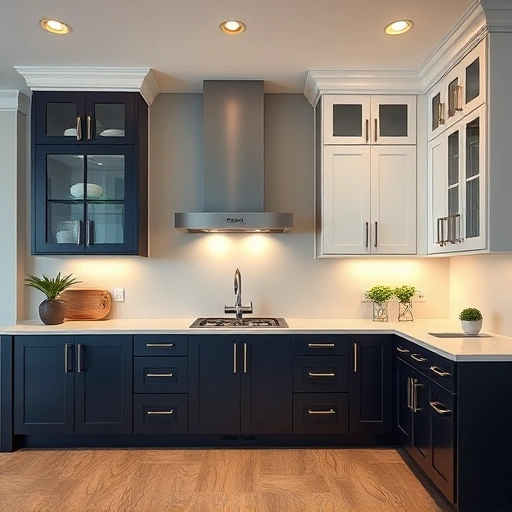 Contemporary kitchen with refinished cabinets in deep navy and white, showcasing elegance and craftsmanship.