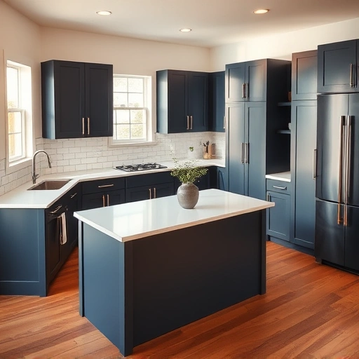 Modern kitchen in The Colony, TX with rich navy blue cabinets, white quartz countertops, and warm hardwood floors.