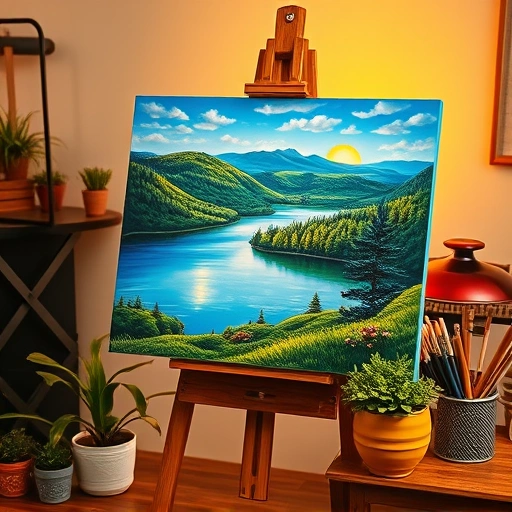 Completed painting on easel showcasing vibrant landscape of Parker TX with lake, greenery, and golden sunset ambiance.