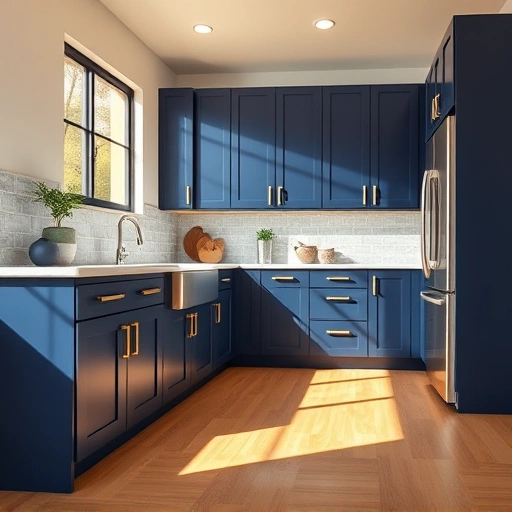 Modern kitchen in Forney TX with navy blue cabinets, brass handles, quartz countertops, and stylish backsplash.