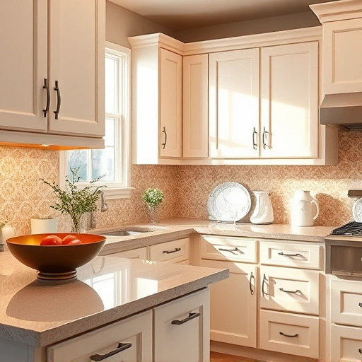 Beautifully painted kitchen cabinets in soft colors with stylish decor and warm lighting in Wylie TX.