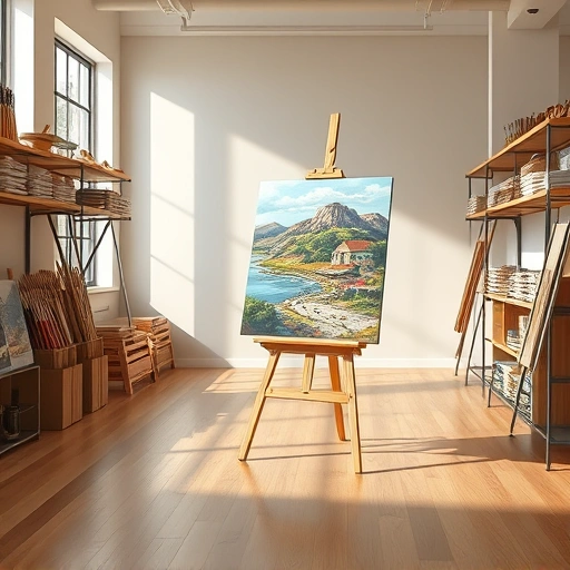 Completed vibrant painting on easel in a modern art studio with organized supplies and natural light in University Park TX.