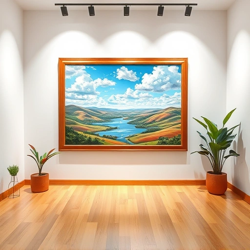 Completed painting in Garland TX features serene landscape with hills, lake, and clear sky in a warm gallery setting.